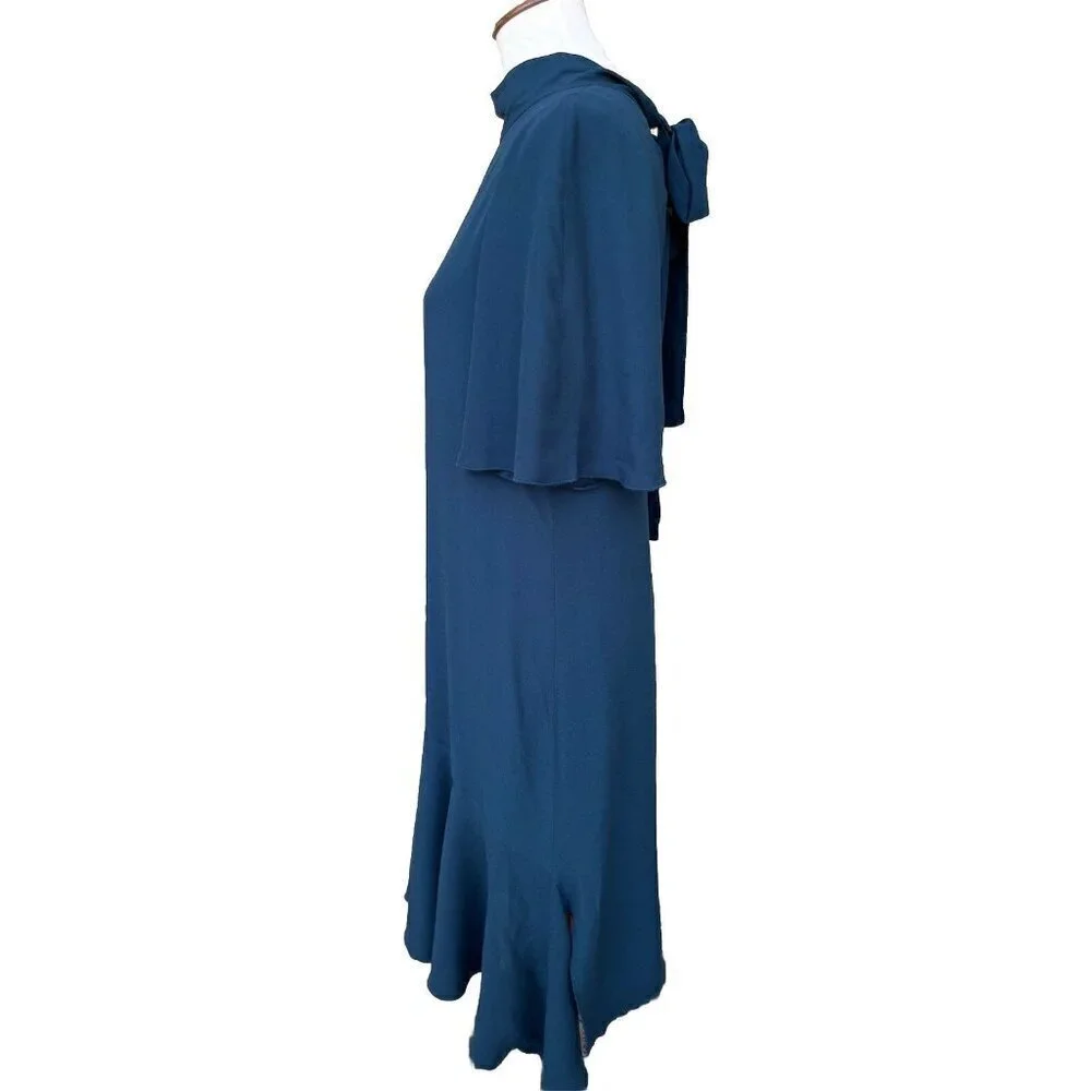 Lewit Women Green Scarab Mock Neck Back Tie Elbow Sleeve Rippling Dress Size 10 - Picture 16 of 16
